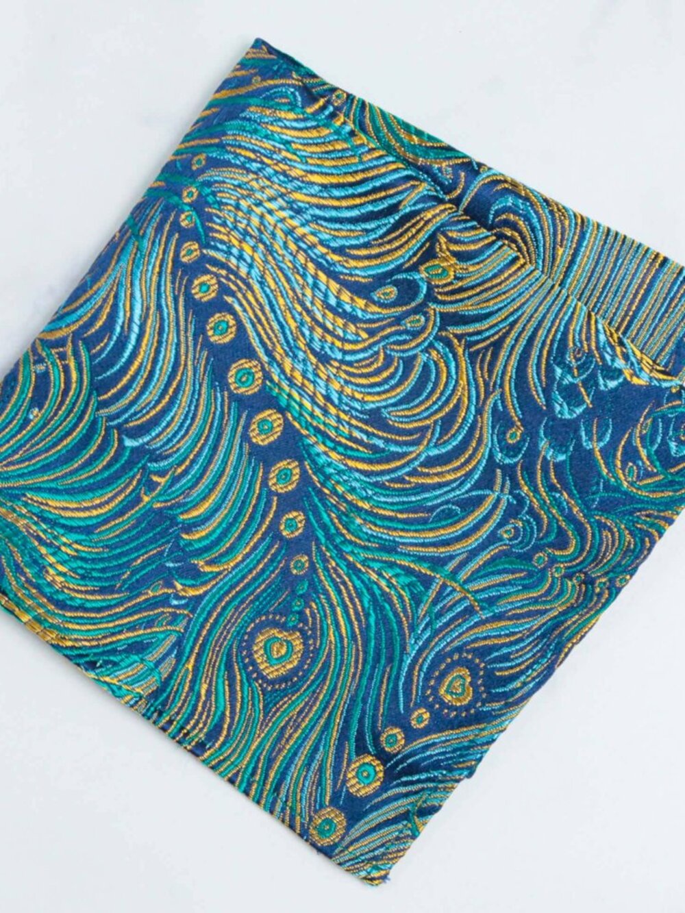 Peacock Feather Brocade Pocket Square | Blue & Gold